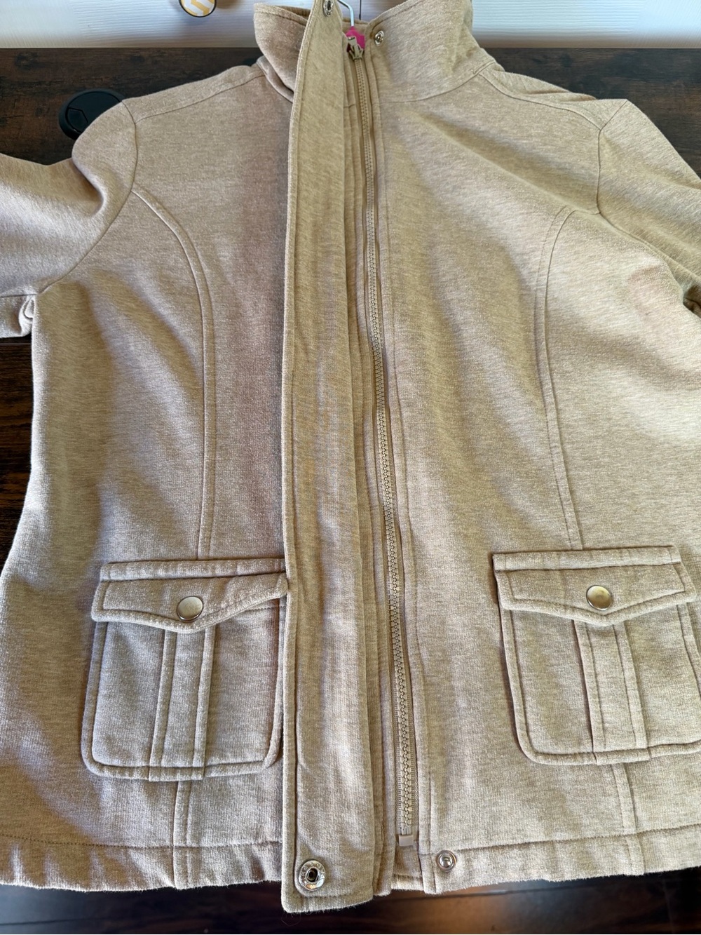 Liz Claiborne Women’s Medium Tan Beige Full Zip Mock Neck Jacket Cotton Blend - Picture 11 of 16